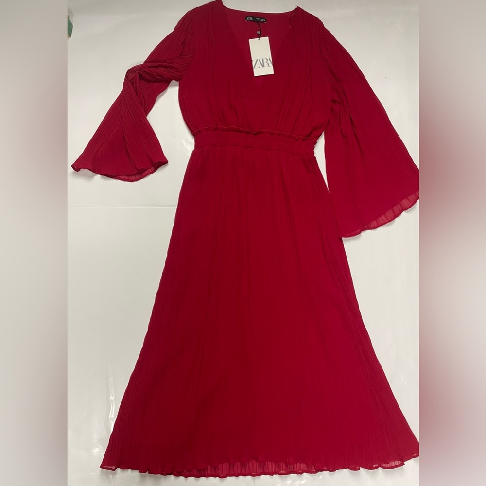 Zara Crimson Pleated V-Neck Long Sleeve Maxi Dress